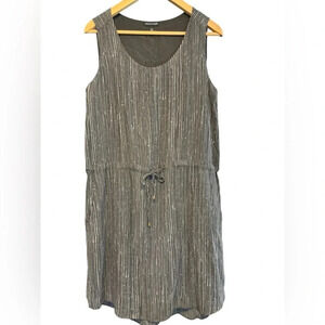 Eileen Fisher 100% Silk Black Printed Tie Waist Sleeveless Midi Dress Size Small